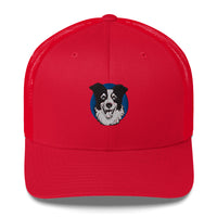 Embroidered Collie Craze Happy Blue Trucker Cap