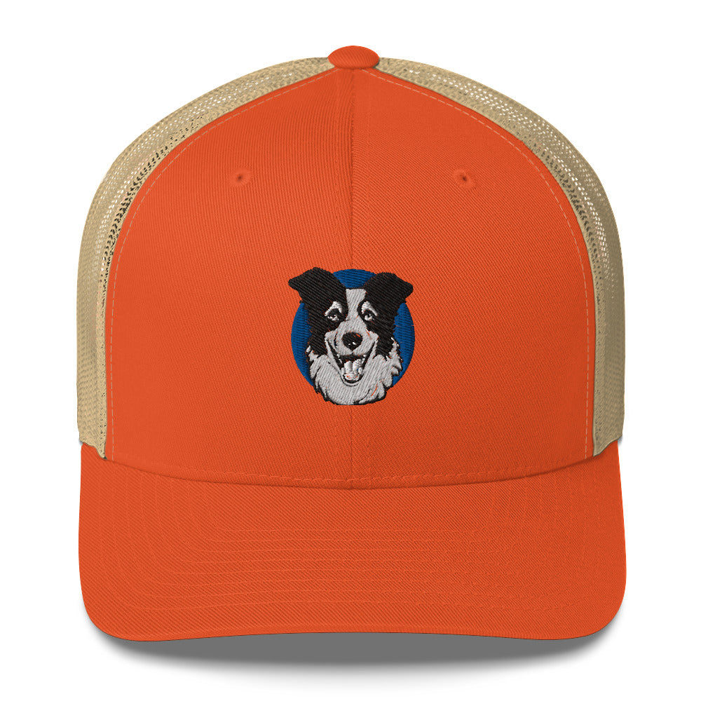 Embroidered Collie Craze Happy Blue Trucker Cap