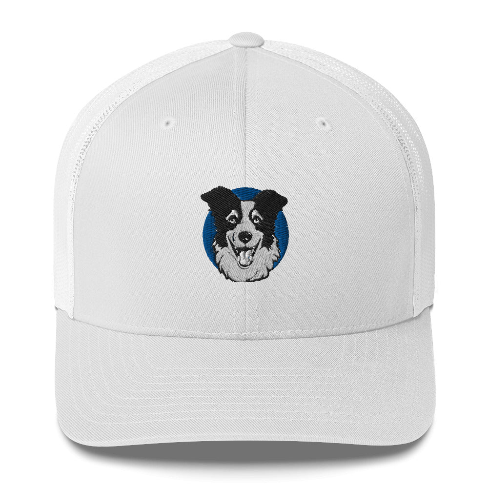 Embroidered Collie Craze Happy Blue Trucker Cap