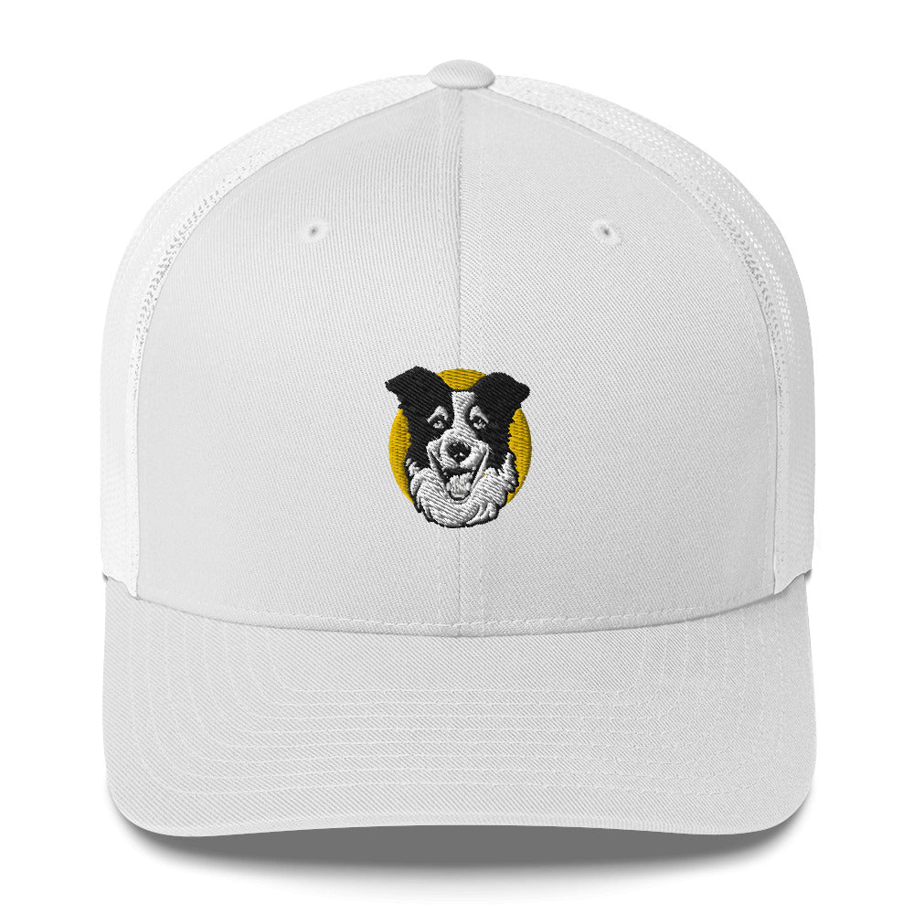 Embroidered Collie Craze Happy Yellow Trucker Cap