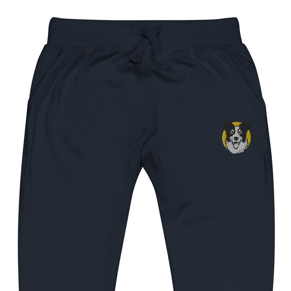 Embroidered Collie Craze Happy Blue Fleece Sweatpants