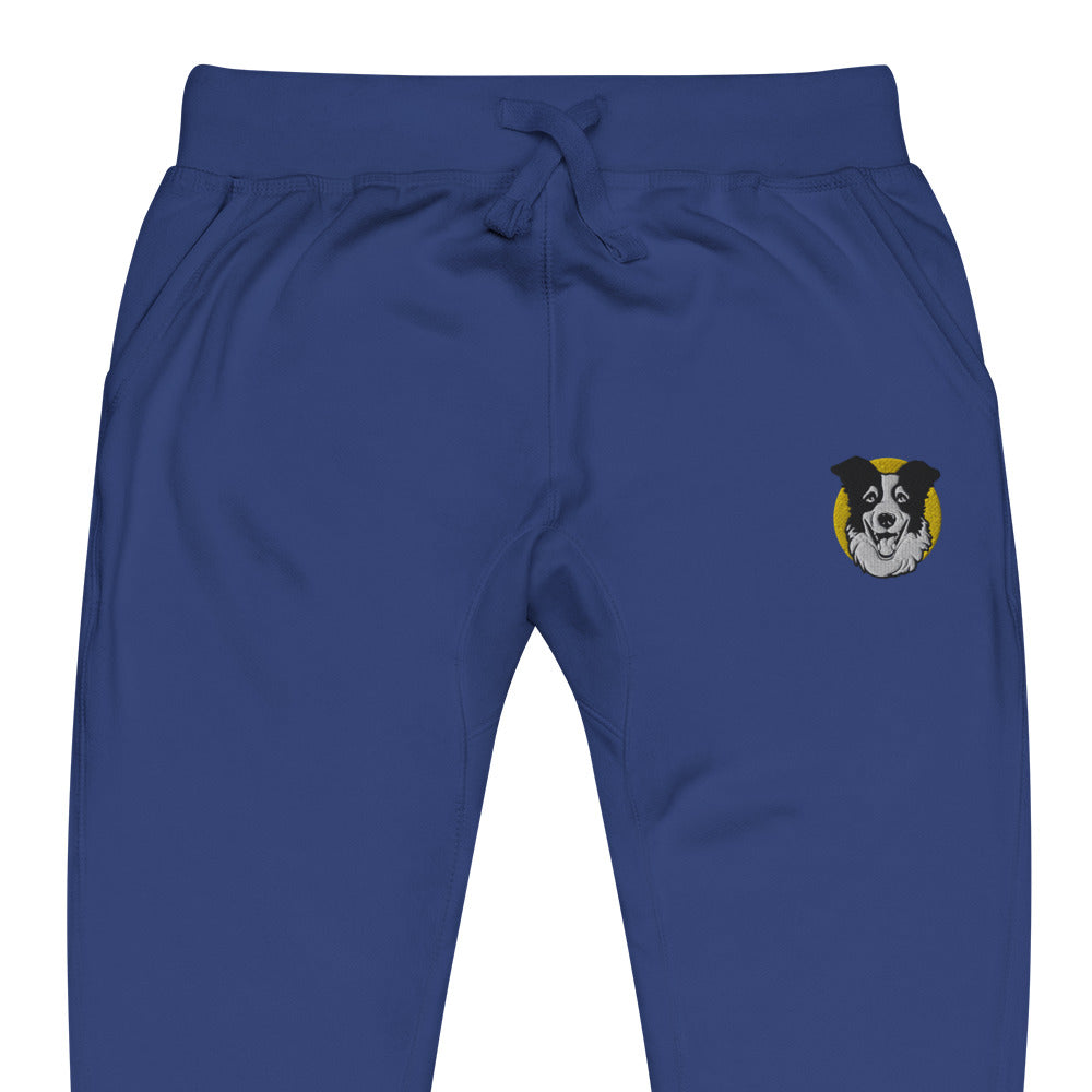 Embroidered Collie Craze Happy Blue Fleece Sweatpants