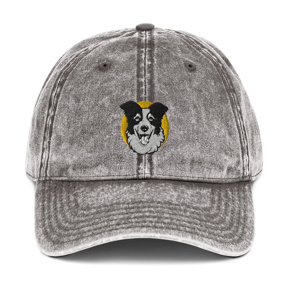 Embroidered Collie Craze Happy Yellow Vintage Cotton Twill Cap