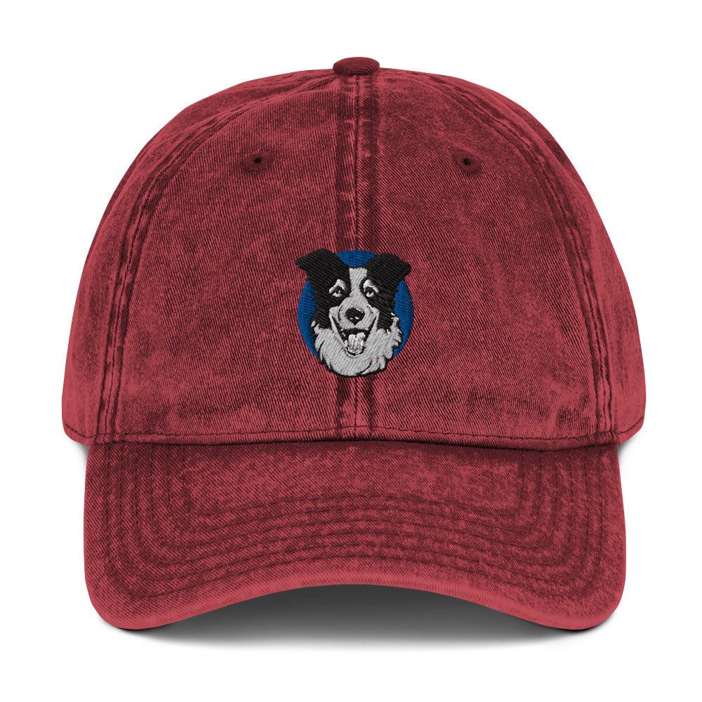 Embroidered Collie Craze Happy Blue Vintage Cotton Twill Cap