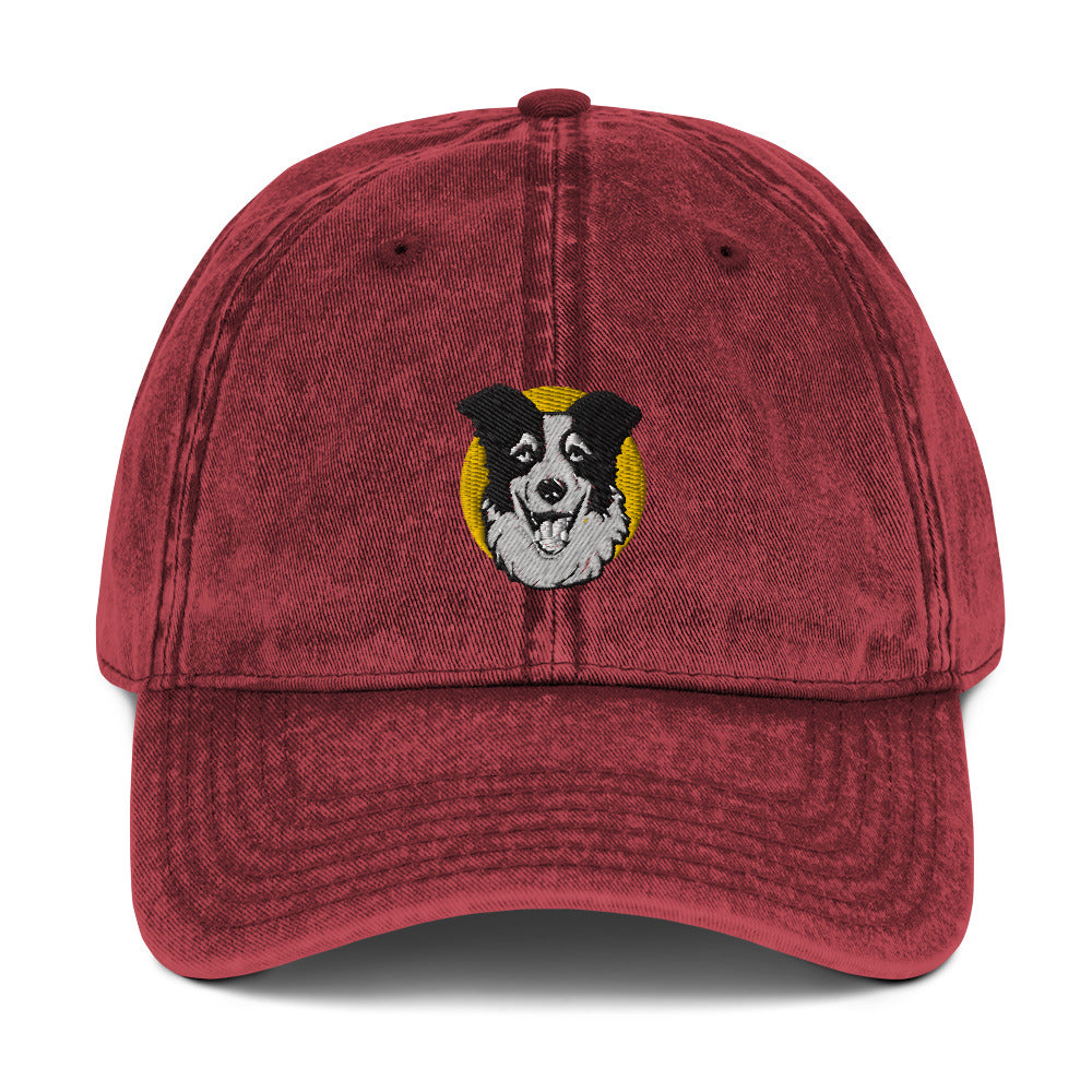 Embroidered Collie Craze Happy Yellow Vintage Cotton Twill Cap