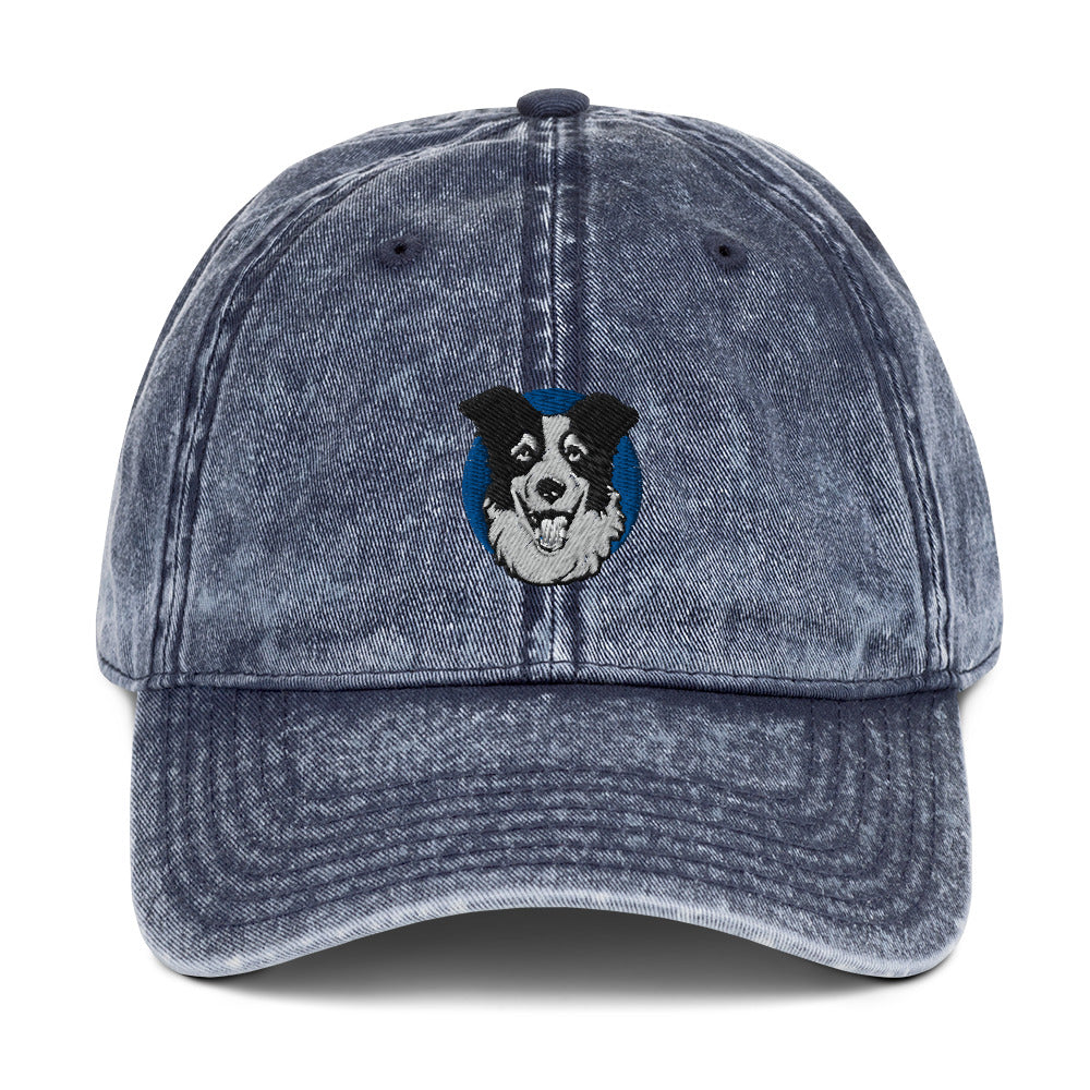 Embroidered Collie Craze Happy Blue Vintage Cotton Twill Cap