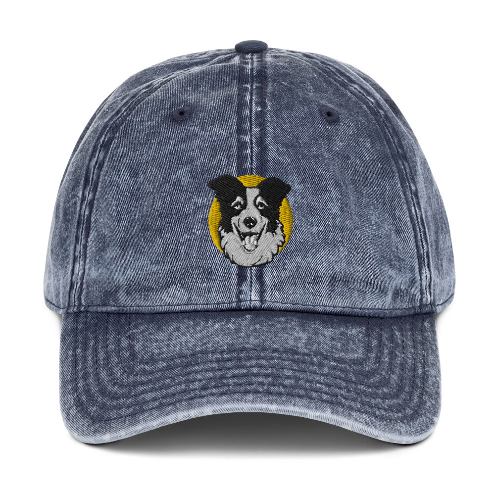 Embroidered Collie Craze Happy Yellow Vintage Cotton Twill Cap