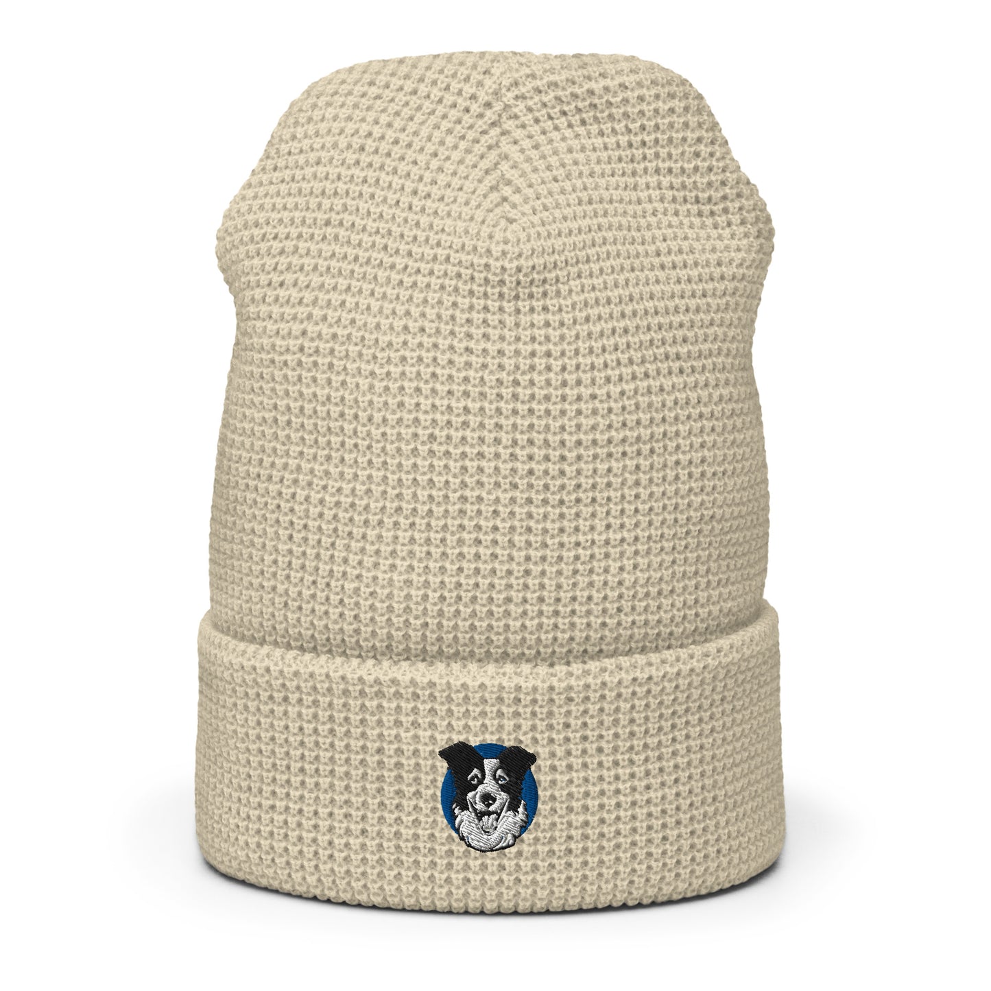 Embroidered Collie Craze Happy Blue Waffle beanie