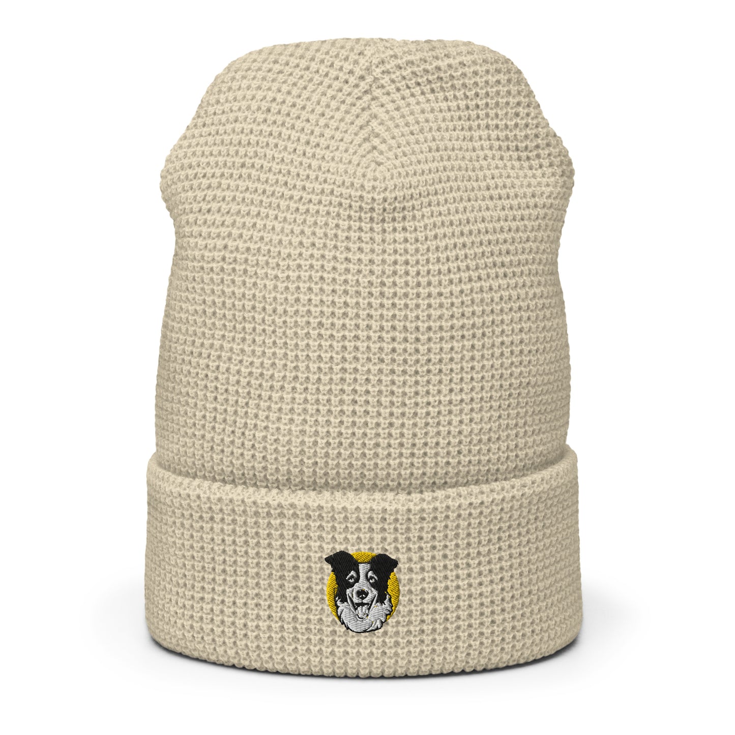 Embroidered Collie Craze Happy Blue Waffle Beanie