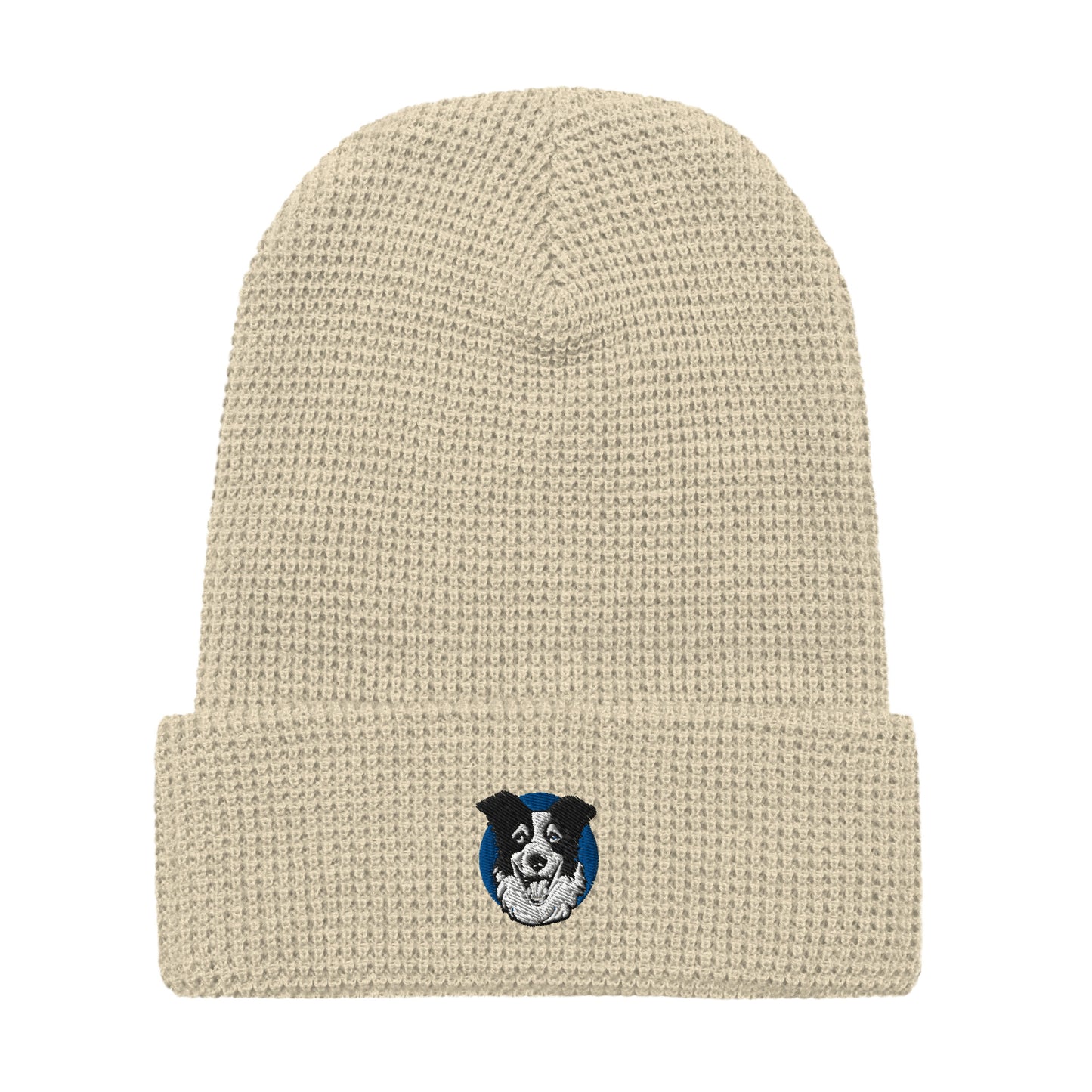 Embroidered Collie Craze Happy Blue Waffle beanie