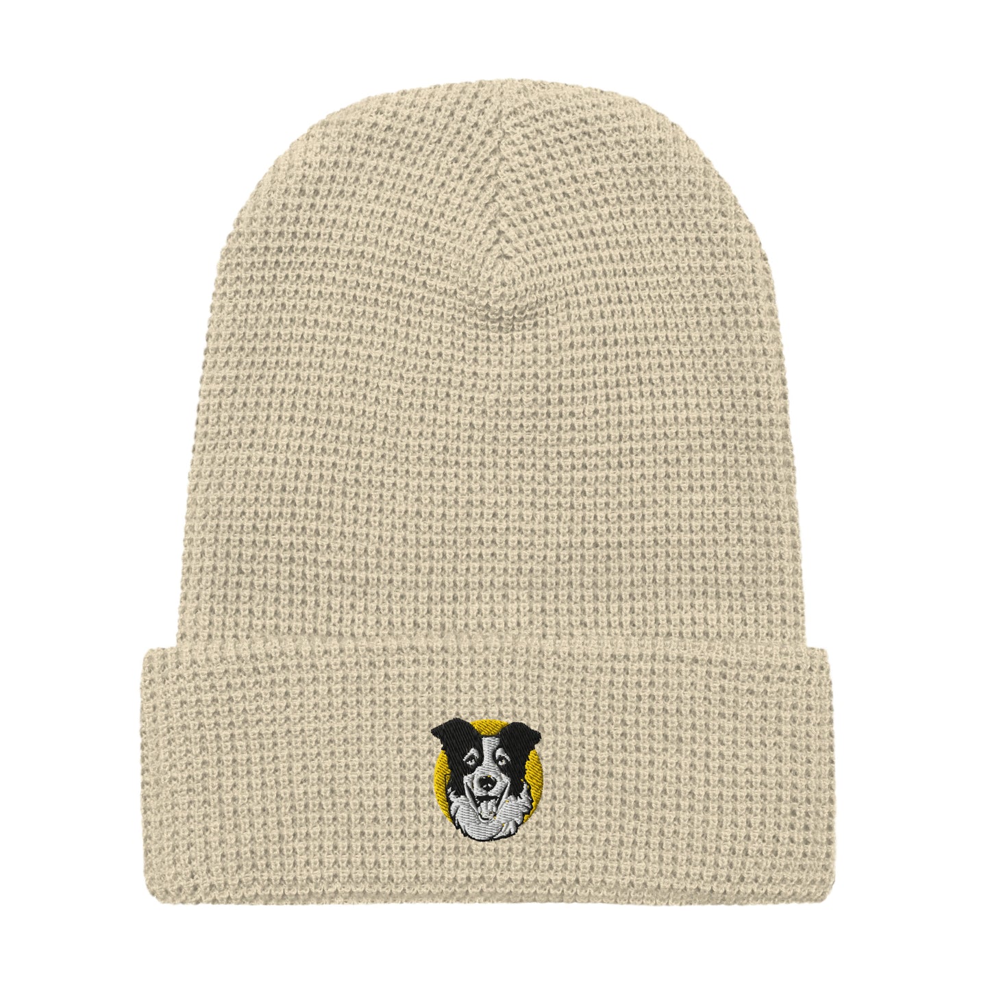 Embroidered Collie Craze Happy Blue Waffle Beanie