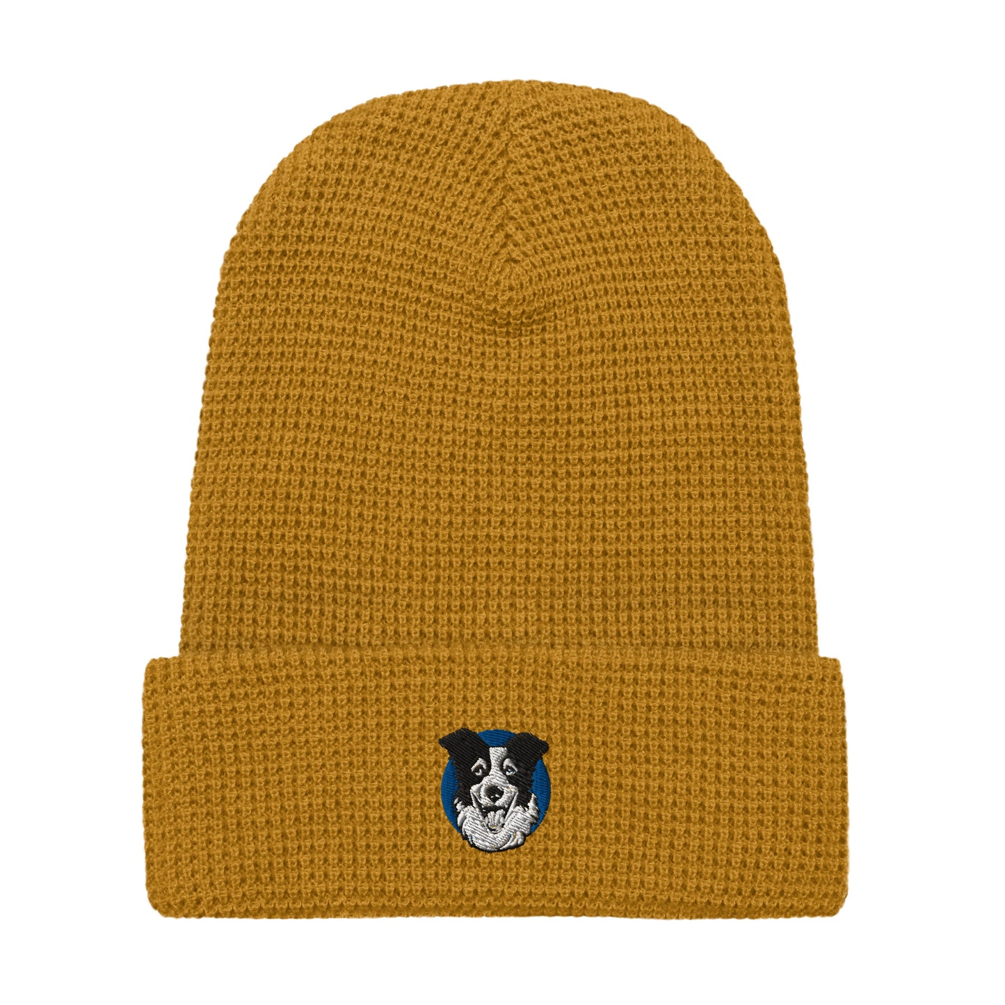 Embroidered Collie Craze Happy Blue Waffle beanie