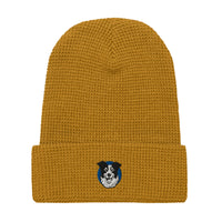 Embroidered Collie Craze Happy Blue Waffle beanie