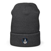 Embroidered Collie Craze Happy Blue Waffle beanie