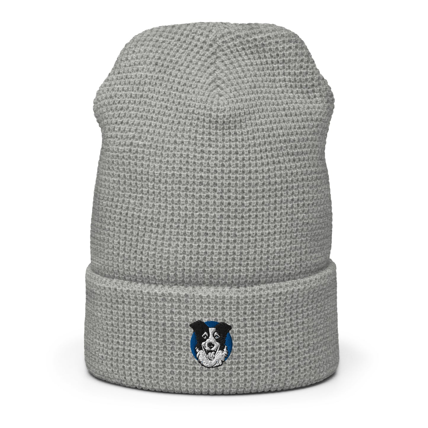 Embroidered Collie Craze Happy Blue Waffle beanie