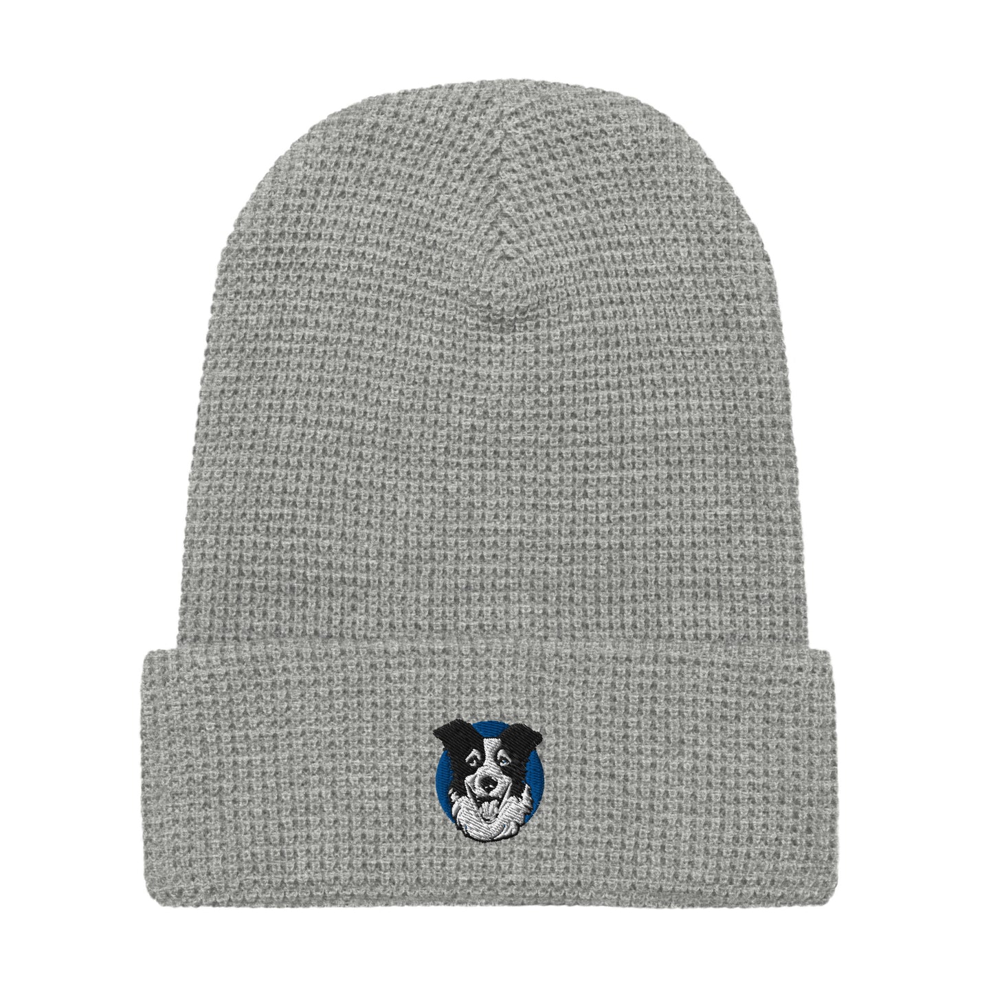 Embroidered Collie Craze Happy Blue Waffle beanie