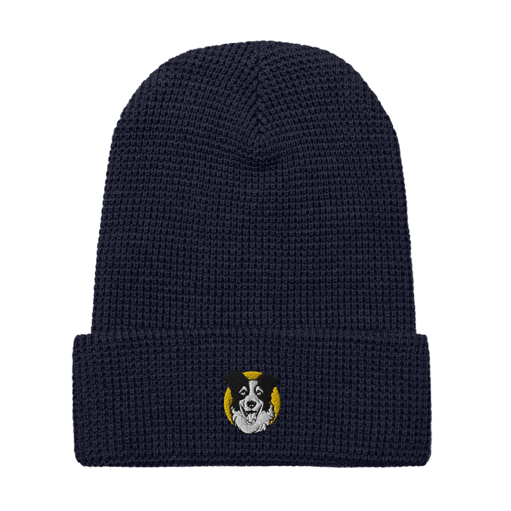 Embroidered Collie Craze Happy Blue Waffle Beanie