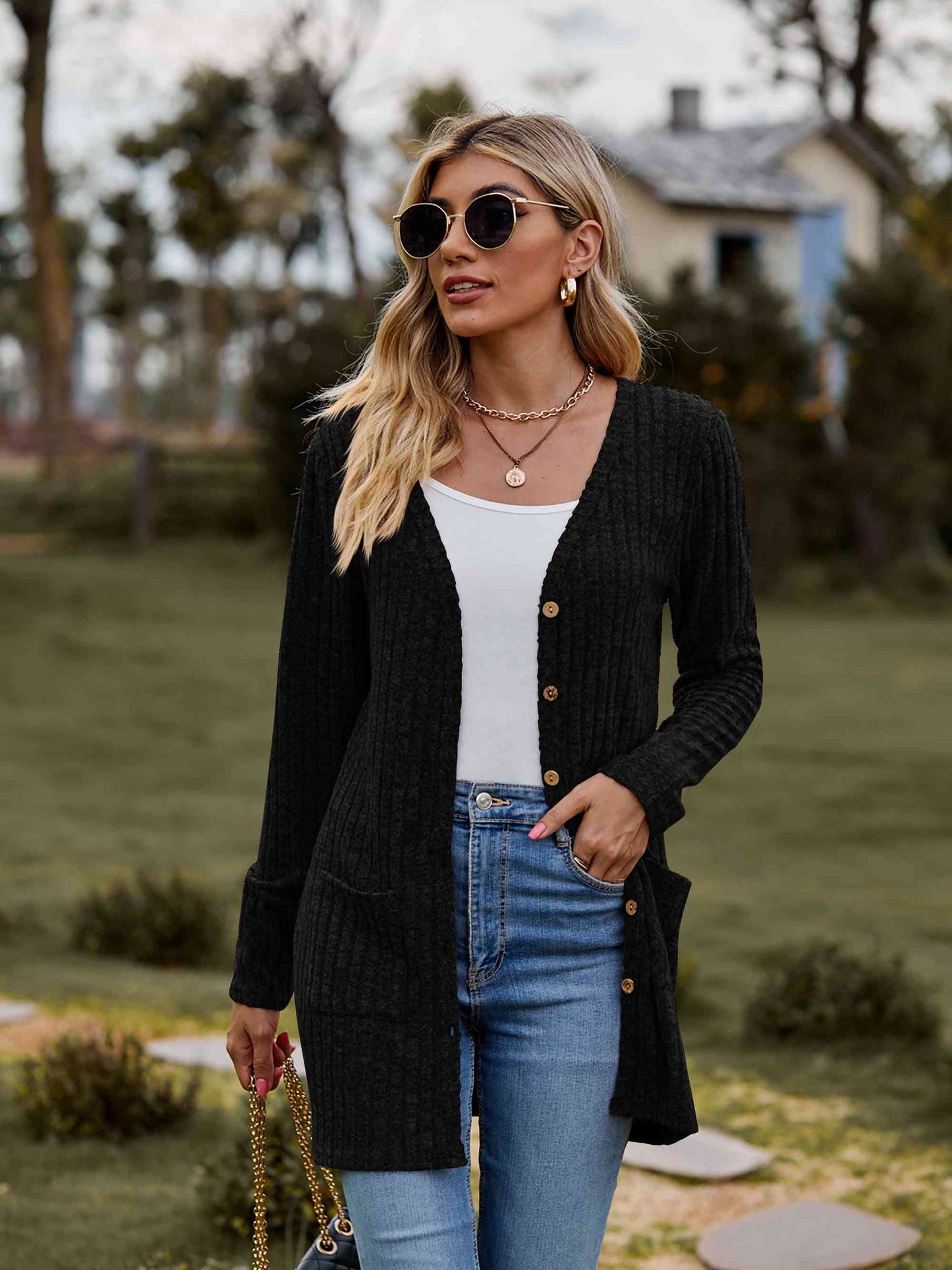 Button-Up Cardigan with Pockets