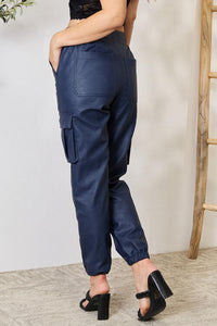 High Waisted Faux Leather Cargo Joggers