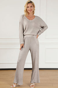 Ribbed V-Neck Top & Pants Lounge Set