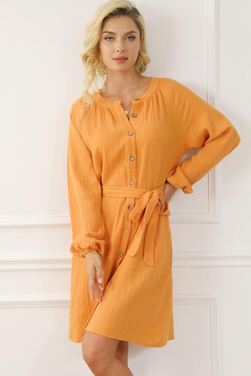 Button Front Balloon Sleeve Dress