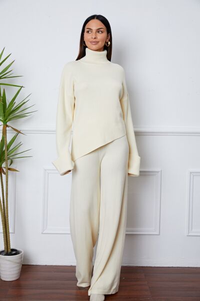 Turtleneck Dropped Shoulder Top & Pants Sweater Set