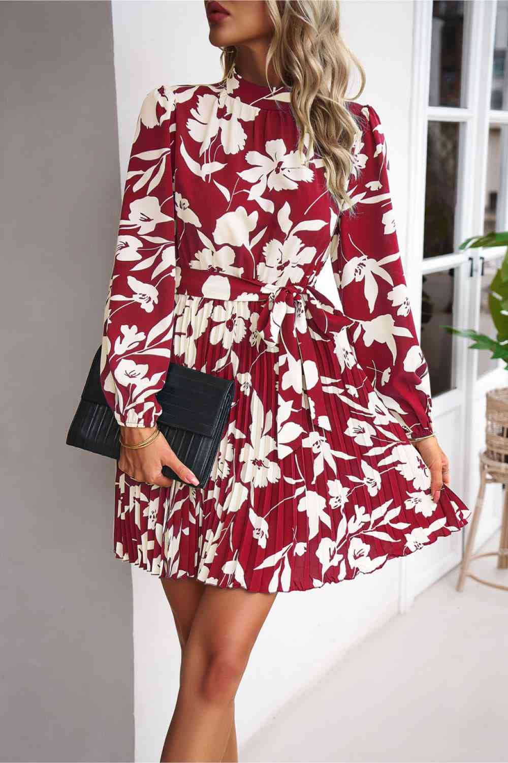 Floral Mock Neck Pleated Dress