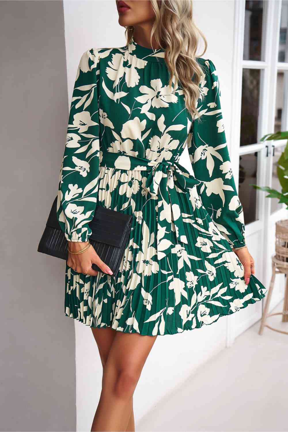 Floral Mock Neck Pleated Dress