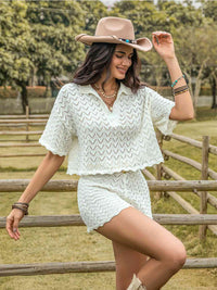 Eyelet Collared Neck Short Sleeve Top & Shorts Set