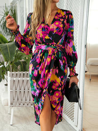 Printed Tie Front Lantern Sleeve Dress