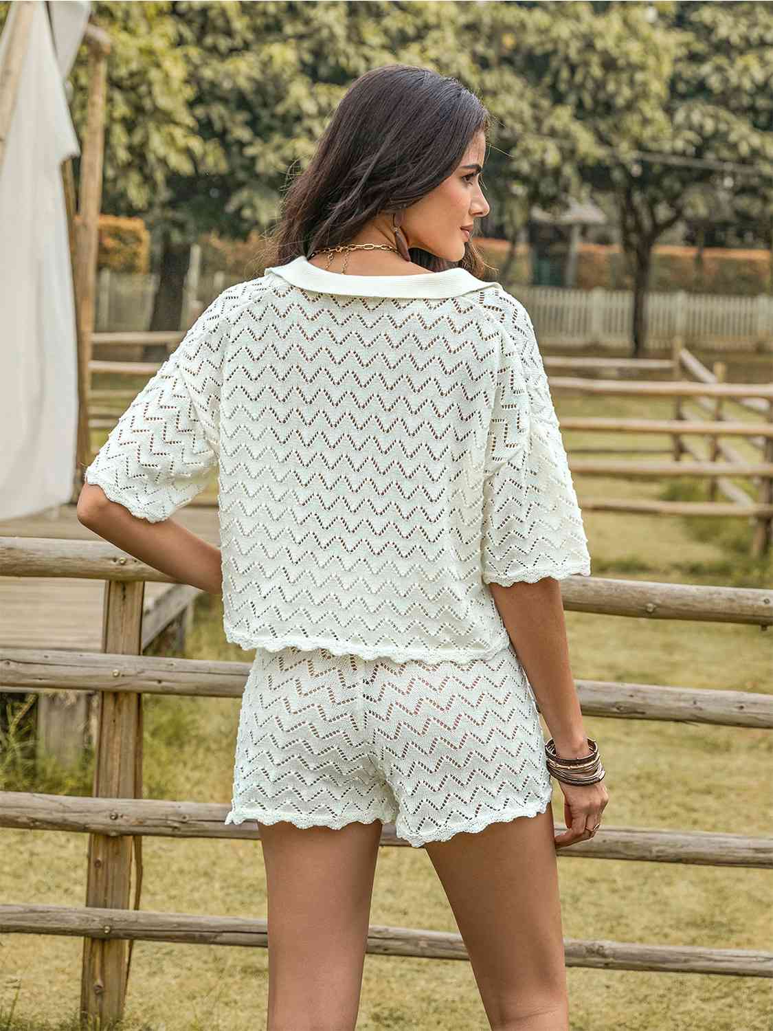 Eyelet Collared Neck Short Sleeve Top & Shorts Set