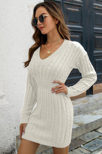 Cable-Knit V-Neck Mini Sweater Dress