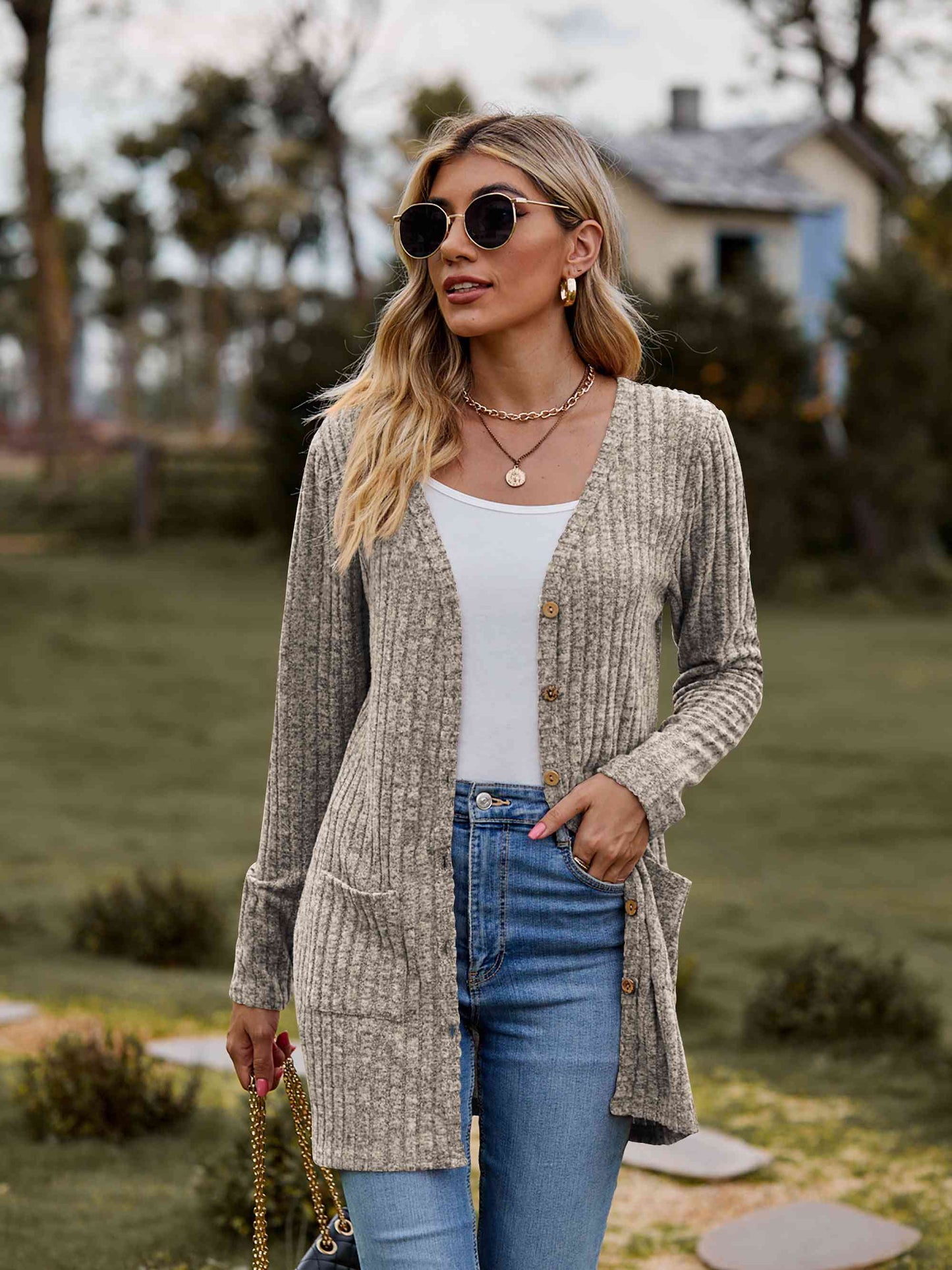 Button-Up Cardigan with Pockets