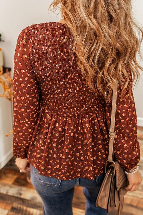 Floral Smocked Ruffle Hem Blouse