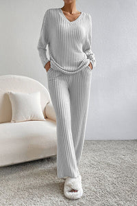 Ribbed V-Neck Top & Pants Lounge Set