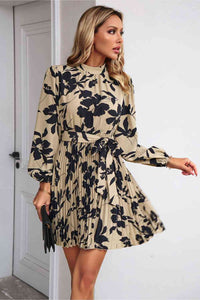 Floral Mock Neck Pleated Dress