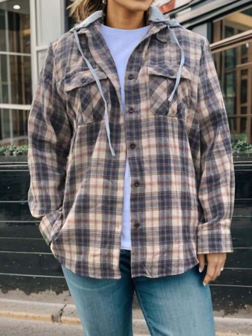 Plaid Button Up Long Sleeve Hooded Jacket