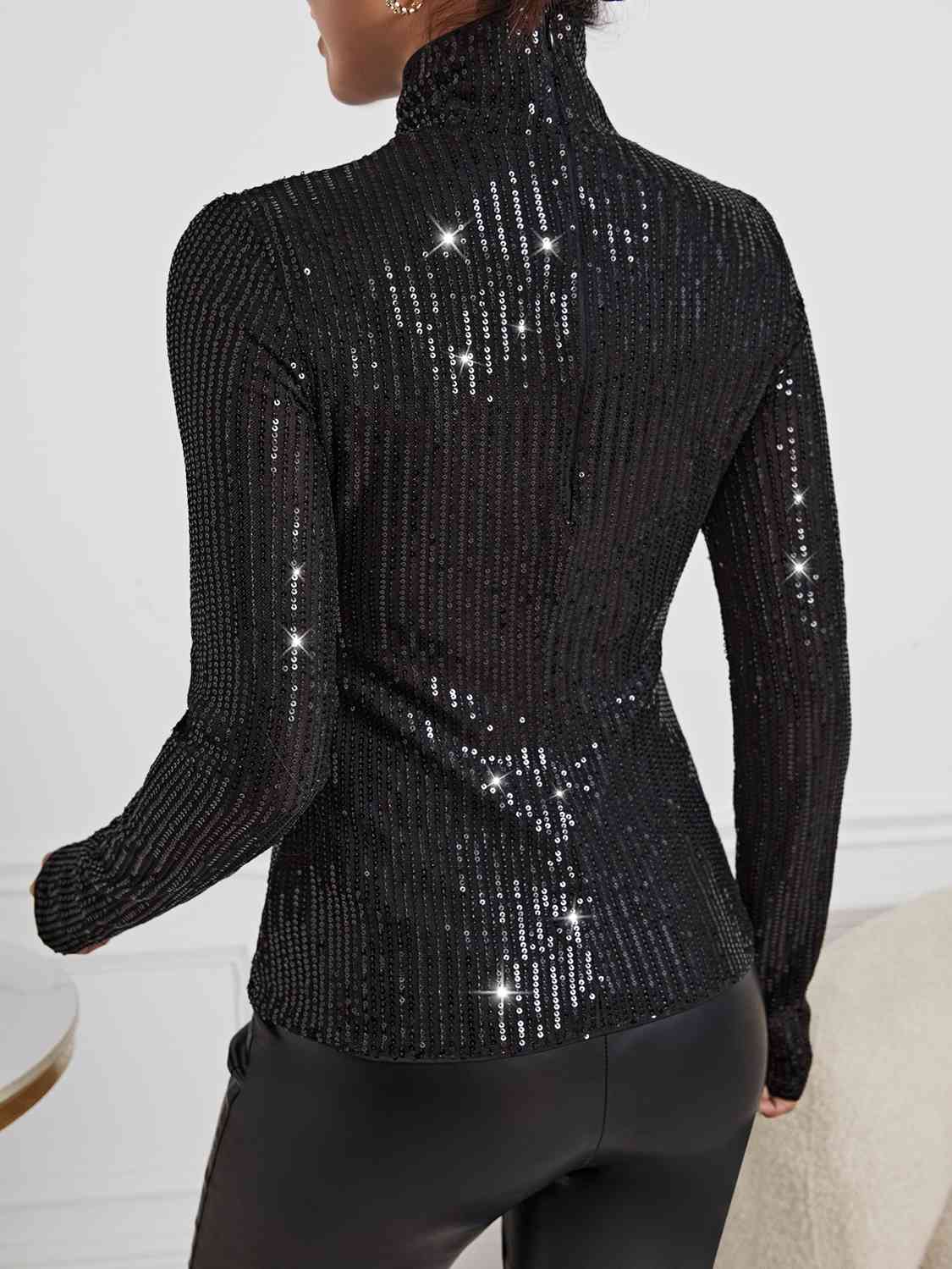 Sequin Turtleneck Long Sleeve Blouse