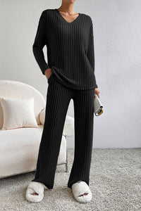 Ribbed V-Neck Top & Pants Lounge Set