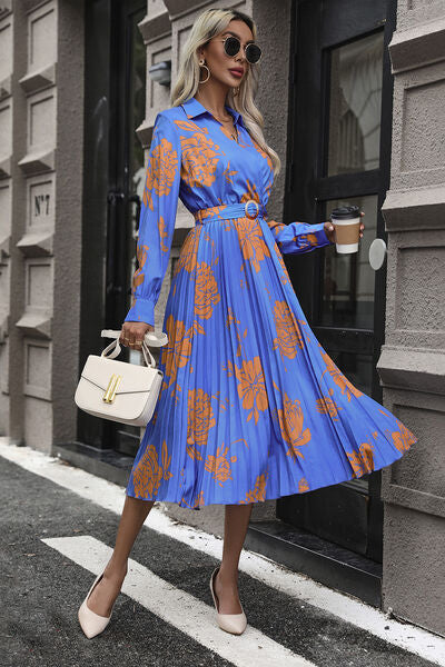 Floral Pleated Long Sleeve Dress