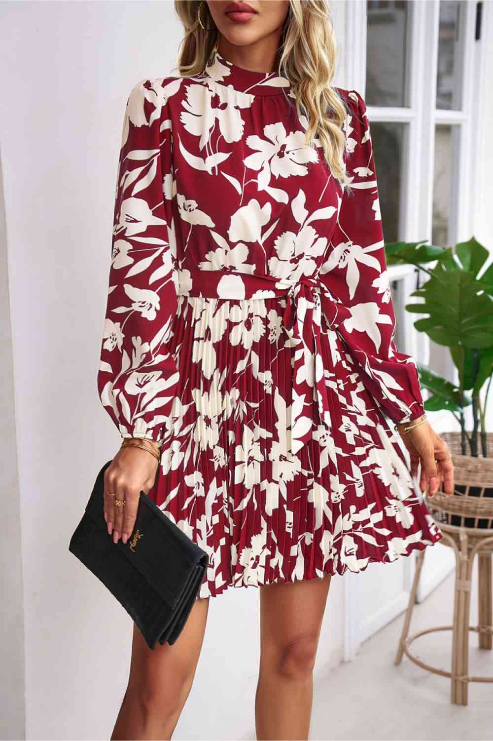 Floral Mock Neck Pleated Dress