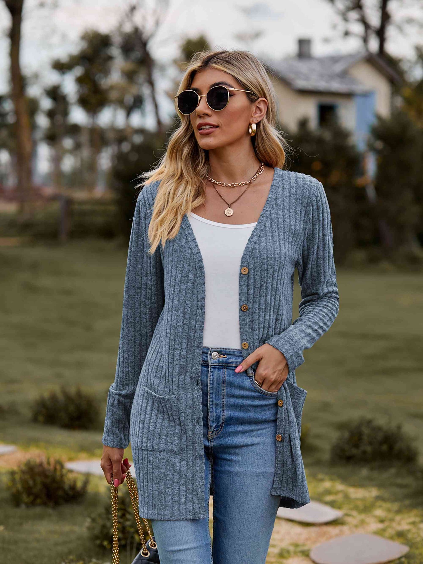 Button-Up Cardigan with Pockets