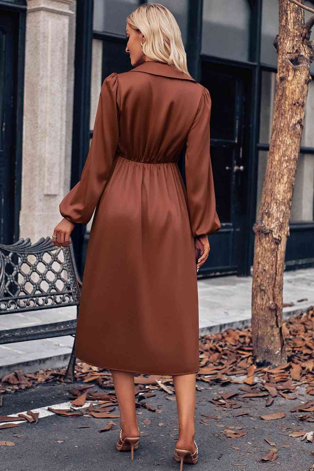 Surplice Neck Puff Sleeve Midi Dress