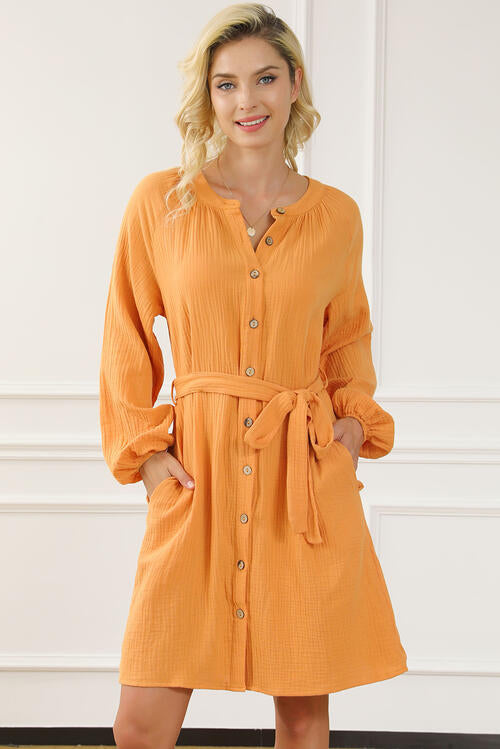 Button Front Balloon Sleeve Dress