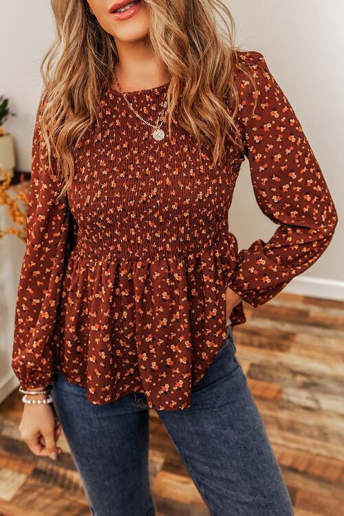 Floral Smocked Ruffle Hem Blouse