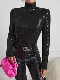 Sequin Turtleneck Long Sleeve Blouse