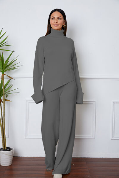 Turtleneck Dropped Shoulder Top & Pants Sweater Set