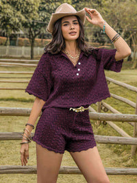 Eyelet Collared Neck Short Sleeve Top & Shorts Set