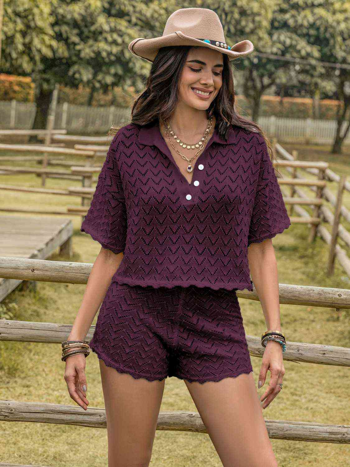 Eyelet Collared Neck Short Sleeve Top & Shorts Set