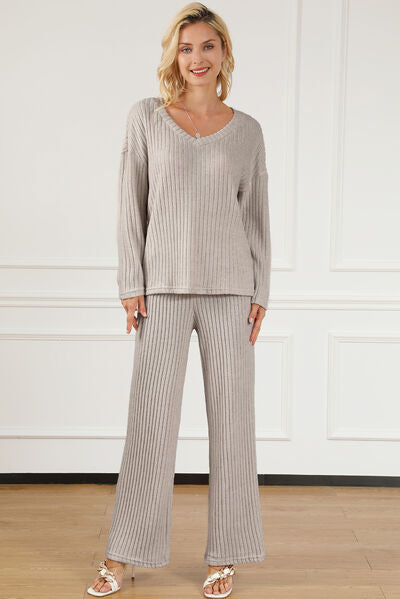 Ribbed V-Neck Top & Pants Lounge Set